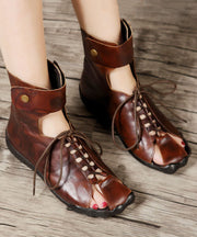 Cowhide Leather Brown Boots Hollow Out Lace Up Splicing