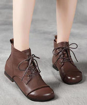 Cowhide Leather Coffee Lace Up Splicing Ankle Boots