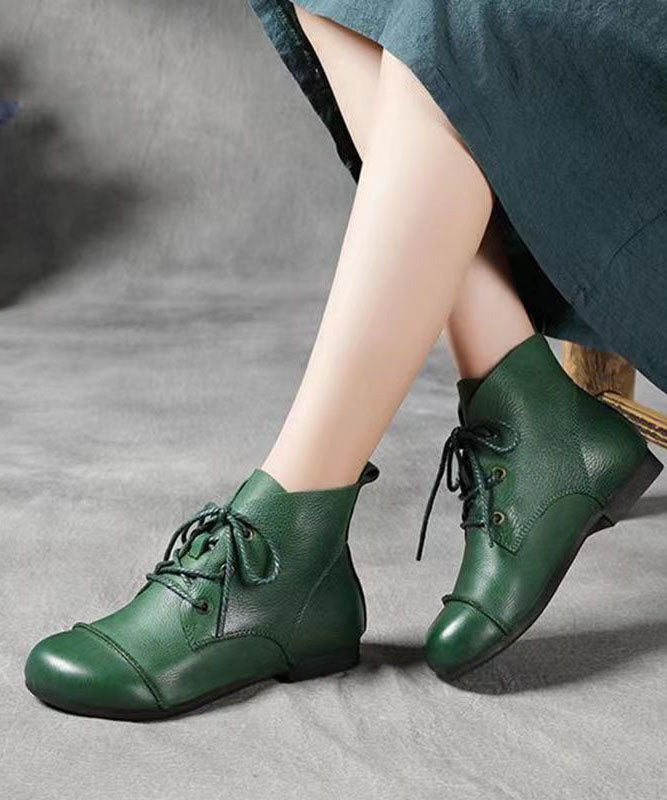 Cowhide Leather Coffee Lace Up Splicing Ankle Boots
