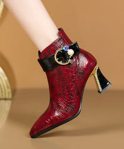 Cowhide Leather Embossed Wine Red Boots Splicing Zircon Zippered