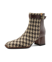 Cowhide Leather French Brown Plaid Splicing Chunky Boots