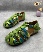 Cowhide Leather Handmade Hollow Out Splicing Green Walking Sandals