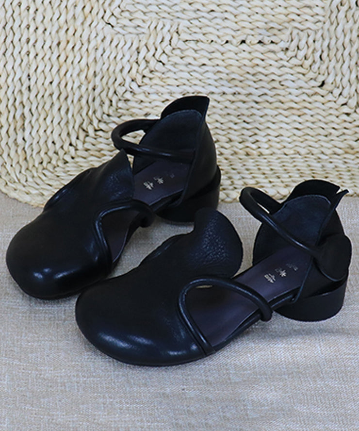 Cowhide Leather Sandals Splicing Black Hollow Out Buckle Strap