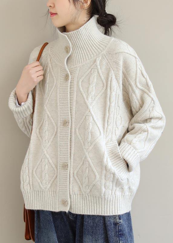 Cozy Beige Sweaters Stand Collar Pockets Trendy Plus Size Spring Knit Sweat Tops - SooLinen