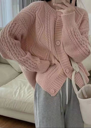 Cozy Beige O Neck Button Patchwork Cable Knit Coat Outwear Fall