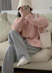 Cozy Beige O Neck Button Patchwork Cable Knit Coat Outwear Fall