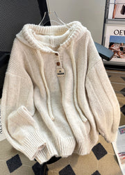 Cozy Coffee Hooded Drawstring Knit Sweatshirts Tops Winter