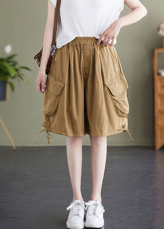 Cozy Khaki Pockets Elastic Waist Patchwork Cotton Shorts Summer