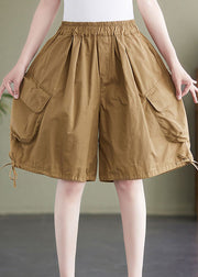 Cozy Khaki Pockets Elastic Waist Patchwork Cotton Shorts Summer