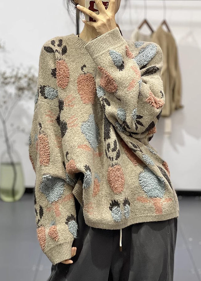 Cozy Plus Size Khaki O Neck Jacquard Thick Warm Knit Sweaters Winter