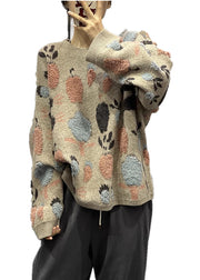 Cozy Plus Size Khaki O Neck Jacquard Thick Warm Knit Sweaters Winter