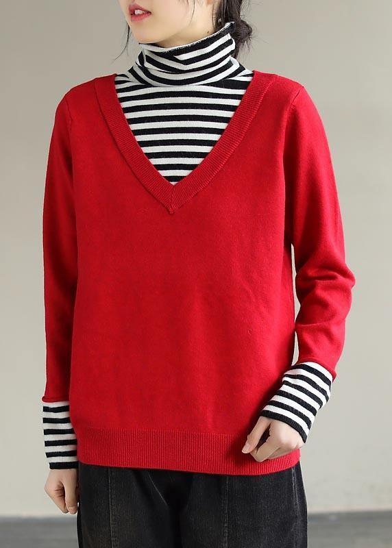Cozy Spring Red Sweaters Plus Size Patchwork High Neck Blouse - SooLinen