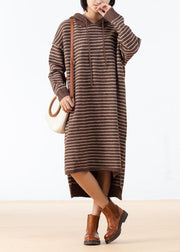 Cozy Sweater weather Largo Chocolate High Low Hem Knit Stripe Loose Dress