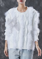 Cozy White Patchwork Mink Hair Knit Short Sweater Winter