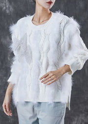 Cozy White Patchwork Mink Hair Knit Short Sweater Winter