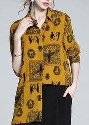 Cozy Yellow Peter Pan Collar Print Silk Shirt Top Spring