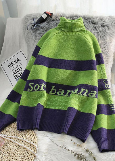 Cozy alphabet green knitwear Loose fitting high neck knitted t shirt - SooLinen