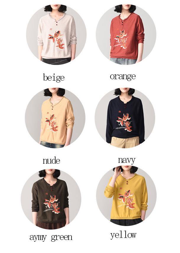 Cozy animal embroidery sweater Loose fitting nude wiled  knit sweat tops o neck - SooLinen
