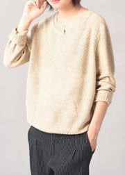 Cozy beige knit tops casual long sleeve  sweater patchwork - SooLinen