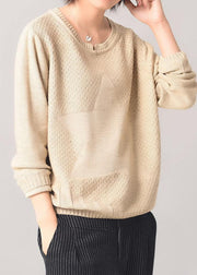 Cozy beige knit tops casual long sleeve  sweater patchwork - SooLinen