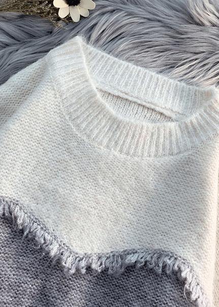 Cozy beige sweater tops fashion Loose fitting patchwork knit tops - SooLinen