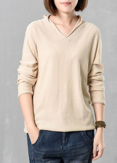 Cozy beige sweater trendy plus size autumn knitted v neck - SooLinen