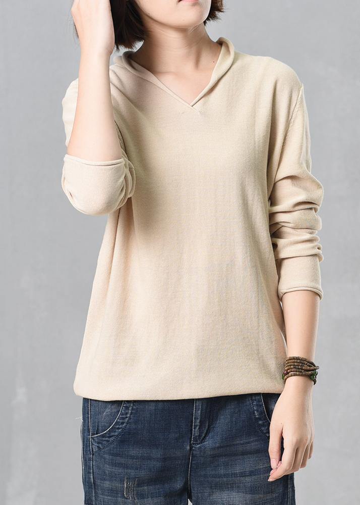 Cozy beige sweater trendy plus size autumn knitted v neck - SooLinen
