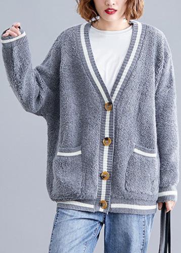 Cozy big pockets gray v neck knitwear plus size clothing fall knitted jackets - SooLinen