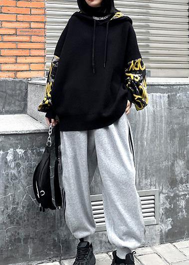 Cozy black Letter crane tops hooded fall fashion knitwear - SooLinen