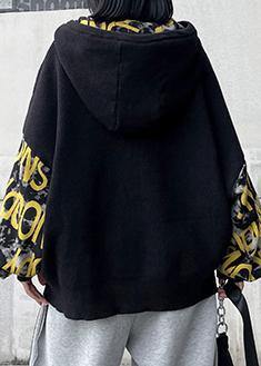 Cozy black Letter crane tops hooded fall fashion knitwear - SooLinen