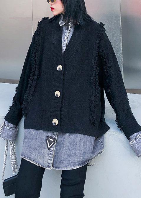 Cozy black knit coats plus size patchwork false two pieces knit sweat tops - SooLinen