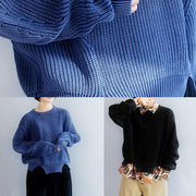 Cozy black knitted t shirt open hem oversized winter knit sweat tops - SooLinen
