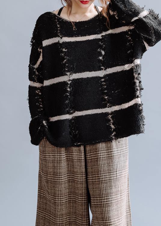 Cozy black striped knit top silhouette o neck trendy plus size fall sweaters - SooLinen