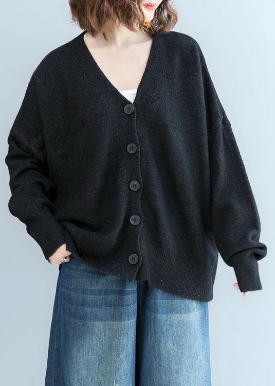 Cozy black sweater tops plus size clothing fall knitwear v neck - SooLinen