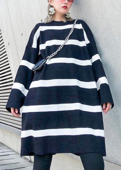Cozy black white striped knitwear o neck baggy sweater tops - SooLinen
