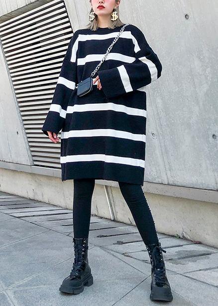 Cozy black white striped knitwear o neck baggy sweater tops - SooLinen