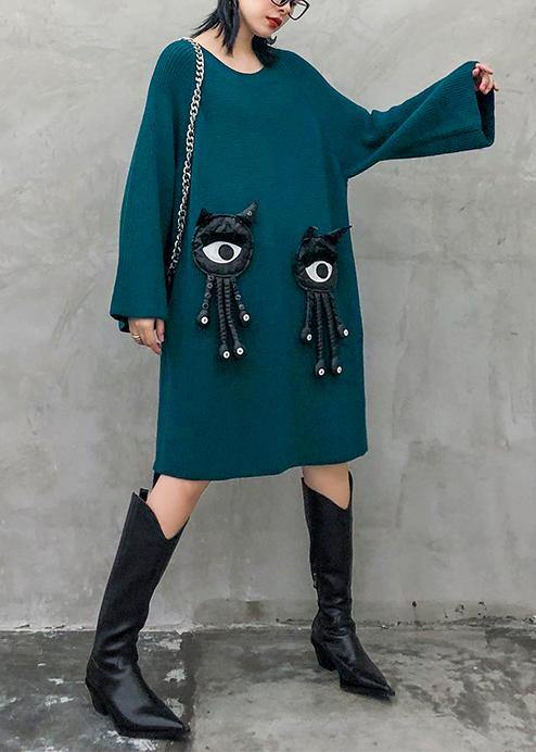 Cozy blue Sweater dress outfit o neck Three-dimensional decoration oversized knitwear - SooLinen