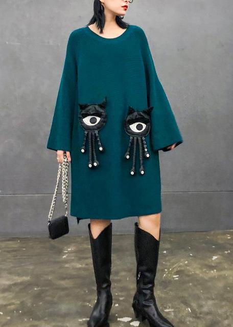 Cozy blue Sweater dress outfit o neck Three-dimensional decoration oversized knitwear - SooLinen