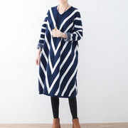 Cozy blue striped sweater dress plus size clothing fall dresses Elegant unique pullover long sleeve