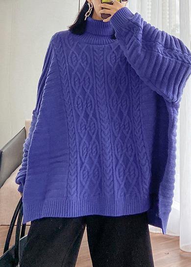 Cozy blue sweaters casual high neck side open knitted clothes - SooLinen