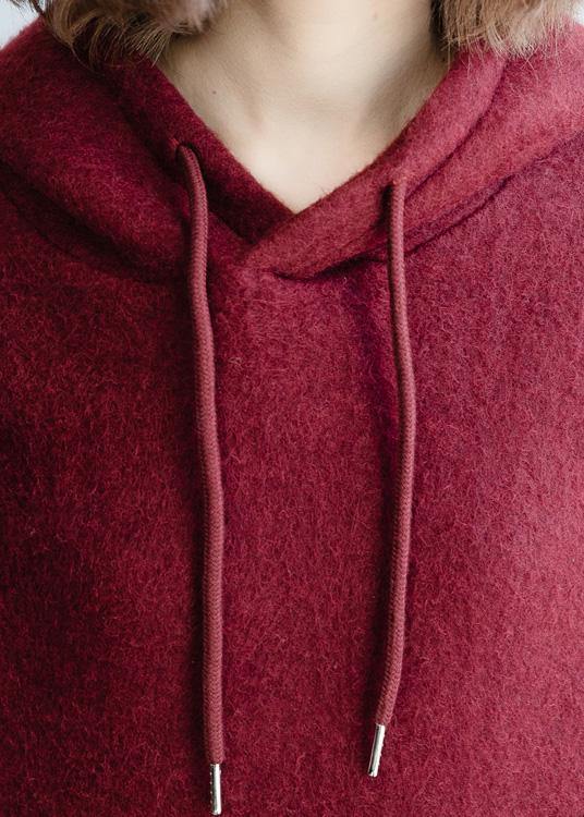 Cozy burgundy knit blouse wild plus size clothing hooded knitted blouse - SooLinen