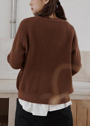 Cozy chocolate casual winter knit sweat tops v neck - SooLinen