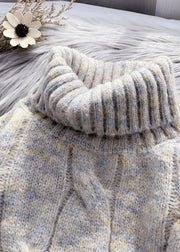 Cozy fall beige knit tops plus size high neck patchwork Blouse - SooLinen