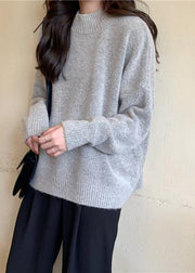 Cozy fall gray knit tops fall fashion high neck knit blouse - SooLinen