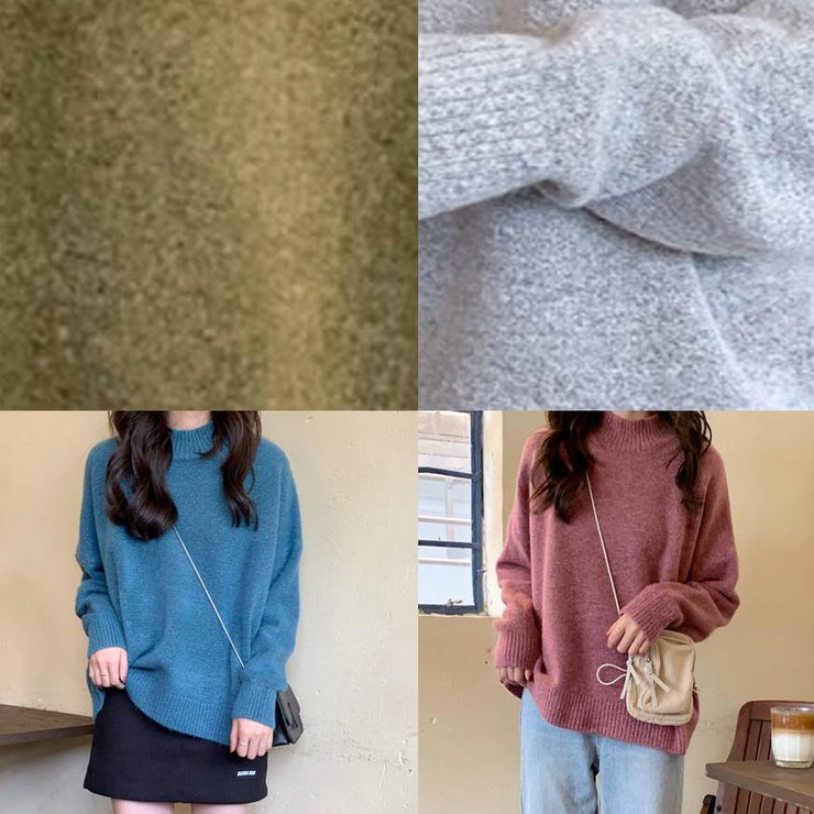 Cozy fall gray knit tops fall fashion high neck knit blouse - SooLinen