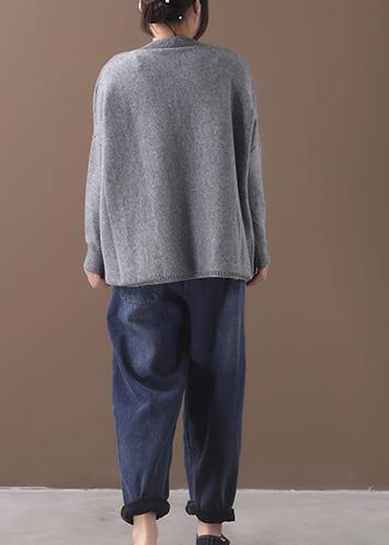 Cozy gray knit blouse oversized Batwing Sleeve sweaters asymmetric hem - SooLinen