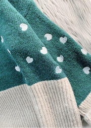 Cozy green Heart print knitted t shirt high neck patchwork oversize knitwear - SooLinen