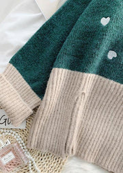 Cozy green Heart print knitted t shirt high neck patchwork oversize knitwear - SooLinen