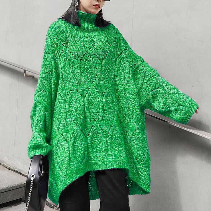 Cozy green knitwear plus size high neck low high design knit top silhouette - SooLinen