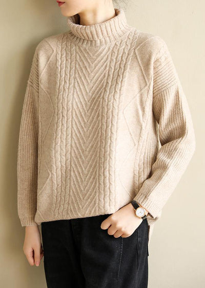 Cozy high neck nude knitwear plus size cable knitted clothes - SooLinen